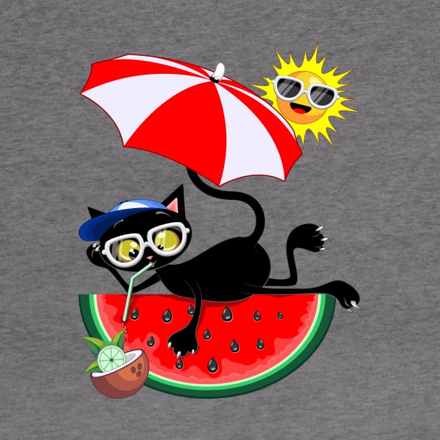 Cat Cartoon and Juicy Watermelon Summertime Chill Humorous Character by BluedarkArt